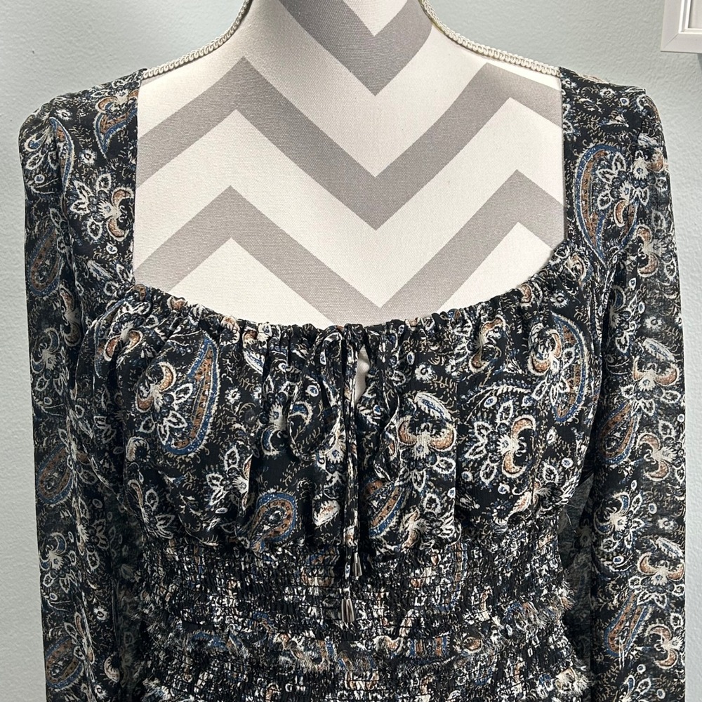 Free People Sheer Paisley Print Square Neck Long Sleeve Smocked Blouse Top Large - Picture 3 of 7